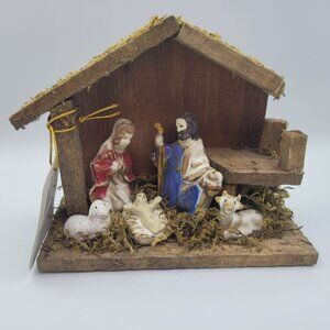 Christmas House Rustic Nativity Wooden Porcelain Moss Mary Joseph Baby Jesus